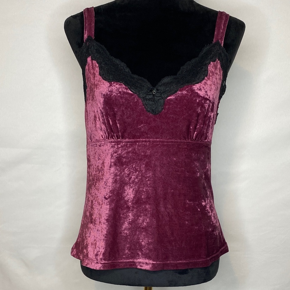 Arianne Burgundy Velvet Velour Lace Cami Top With Small Bow & Heart Charm